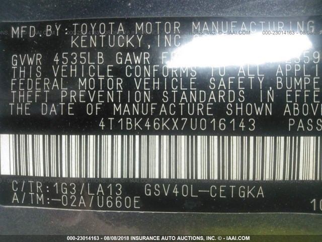 4T1BK46KX7U016143 - 2007 TOYOTA CAMRY NEW GENERAT LE/XLE/SE GRAY photo 9