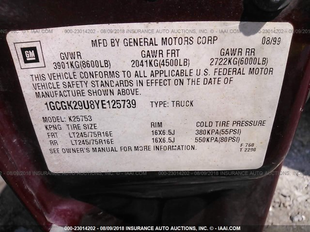 1GCGK29U8YE125739 - 2000 CHEVROLET SILVERADO K2500 RED photo 9