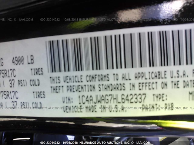 1C4AJWAG7HL642337 - 2017 JEEP WRANGLER SPORT შავი ფოტო 9