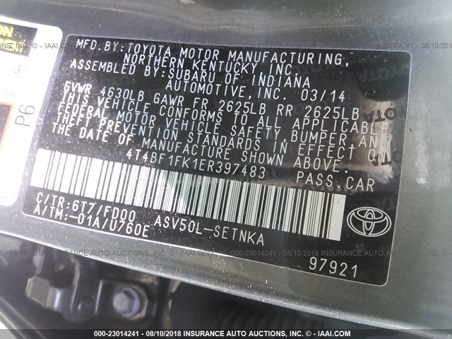 4T4BF1FK1ER397483 - 2014 TOYOTA CAMRY L/SE/LE/XLE Yaşıl foto 9