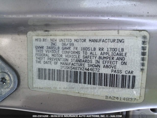 1Y1SK5487XZ444672 - 1999 CHEVROLET GEO PRIZM LSI BEIGE photo 9