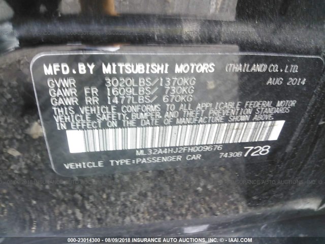 ML32A4HJ2FH009676 - 2015 MITSUBISHI MIRAGE ES BLACK photo 9