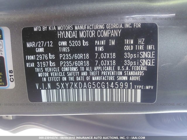 5XYZKDAG5CG145991 - 2012 HYUNDAI SANTA FE LIMITED GRAY photo 9