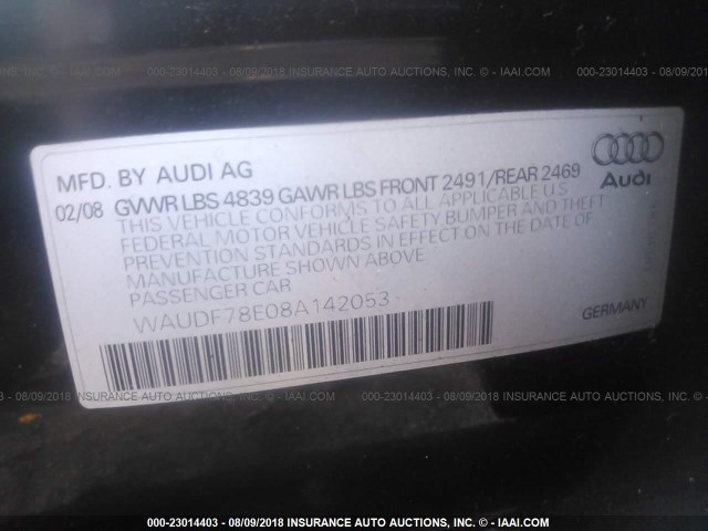 WAUDF78E08A142053 - 2008 AUDI A4 2.0T QUATTRO BLACK photo 9