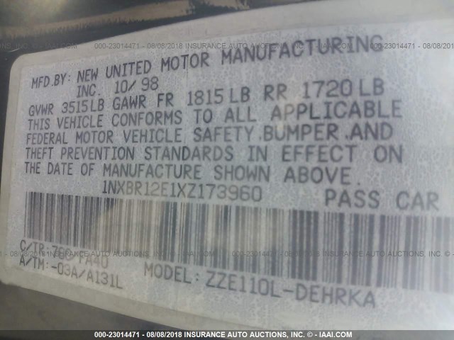 1NXBR12E1XZ173960 - 1999 TOYOTA COROLLA VE/CE/LE 绿色 照片 9