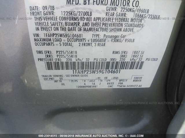 1FAHP25W59G104601 - 2009 FORD TAURUS LIMITED SILVER photo 9