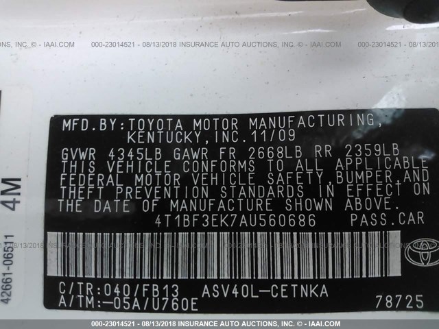 4T1BF3EK7AU560686 - 2010 TOYOTA CAMRY SE/LE/XLE Ağ foto 9