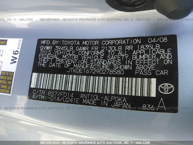 JTKDE167290278580 - 2009 TOYOTA SCION TC 蓝色 照片 9