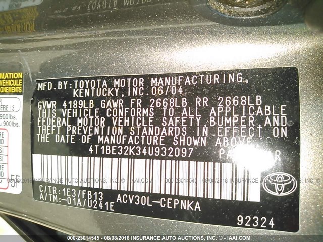 4T1BE32K34U932097 - 2004 TOYOTA CAMRY LE/XLE/SE Boz foto 9