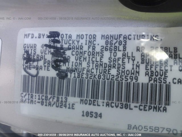 4T1BE32K03U225599 - 2003 TOYOTA CAMRY LE/XLE/SE Gümüş foto 9