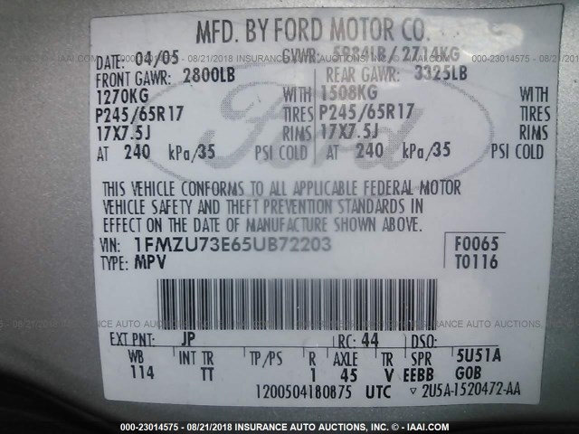 1FMZU73E65UB72203 - 2005 FORD EXPLORER XLT/XLT SPORT/NBX 灰色 照片 9