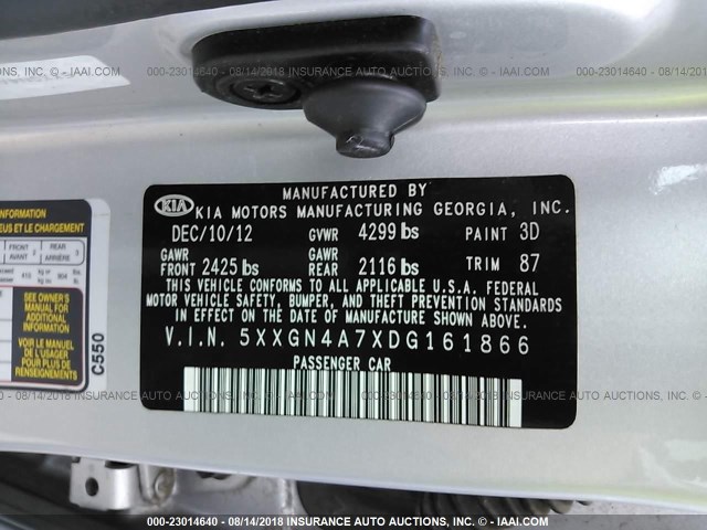 5XXGN4A7XDG161866 - 2013 KIA OPTIMA EX SILVER photo 9