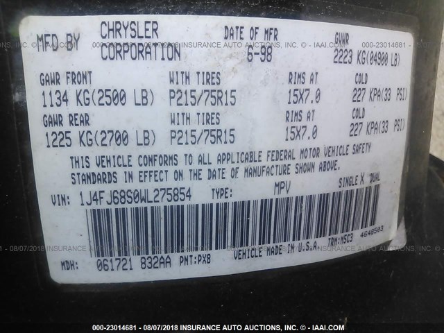 1J4FJ68S0WL275854 - 1998 JEEP CHEROKEE SPORT/CLASSIC შავი ფოტო 9