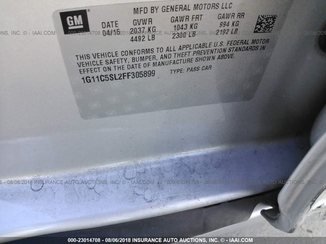 1G11C5SL2FF305899 - 2015 CHEVROLET MALIBU 1LT ვერცხლისფერი ფოტო 9