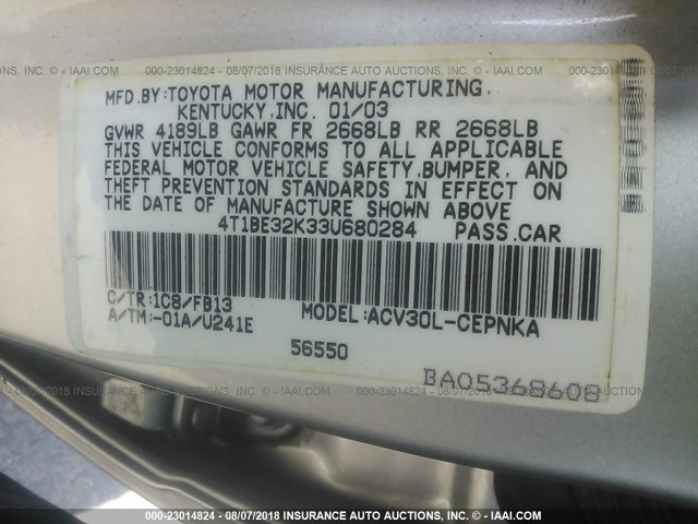 4T1BE32K33U680284 - 2003 TOYOTA CAMRY LE/XLE/SE 银色 照片 9