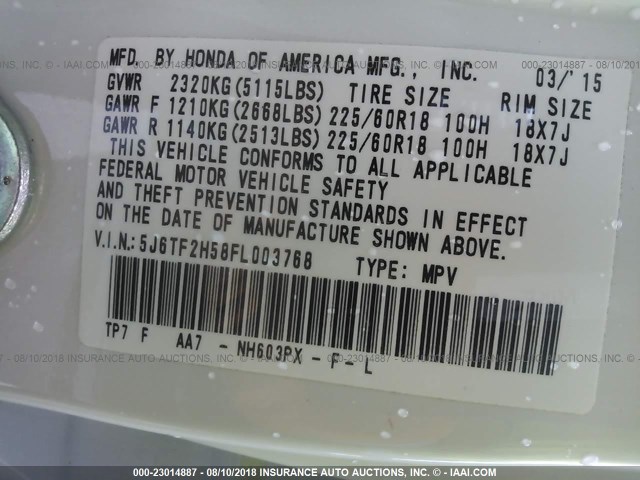 5J6TF2H58FL003768 - 2015 HONDA CROSSTOUR EXL თეთრი ფოტო 9