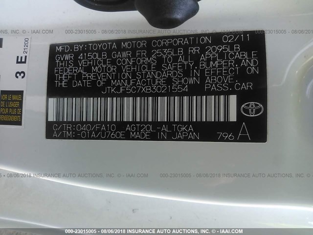 JTKJF5C7XB3021554 - 2011 TOYOTA SCION TC 白色 照片 9