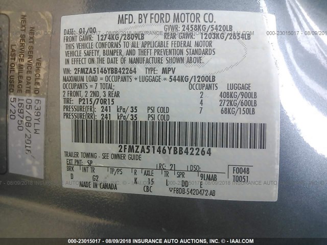 2FMZA5146YBB42264 - 2000 FORD WINDSTAR LX BLUE photo 9