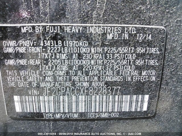 JF2GPACCXF8228377 - 2015 SUBARU XV CROSSTREK 2.0 PREMIUM 灰色 照片 9