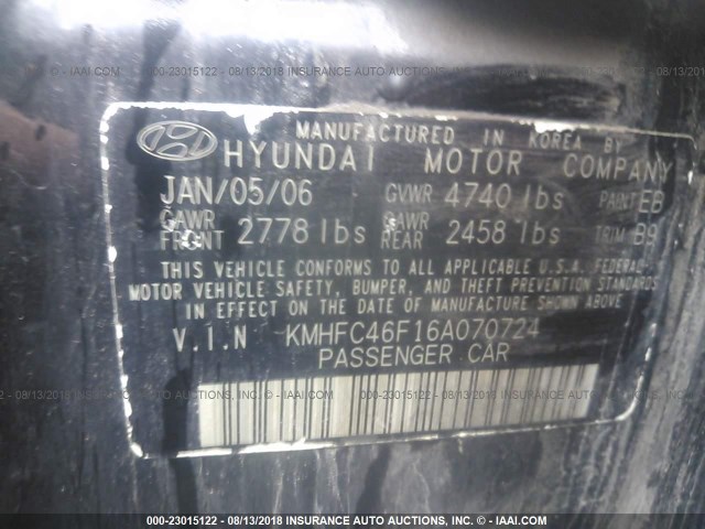 KMHFC46F16A070724 - 2006 HYUNDAI AZERA SE/LIMITED BLACK photo 9