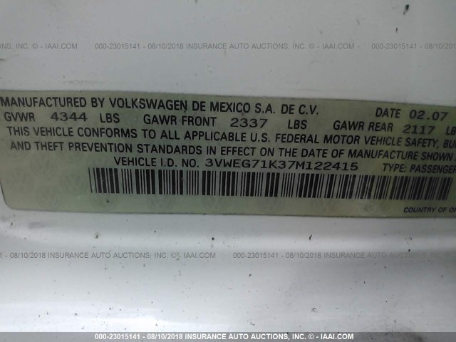 3VWEG71K37M122415 - 2007 VOLKSWAGEN JETTA WOLFSBURG 白色 照片 9