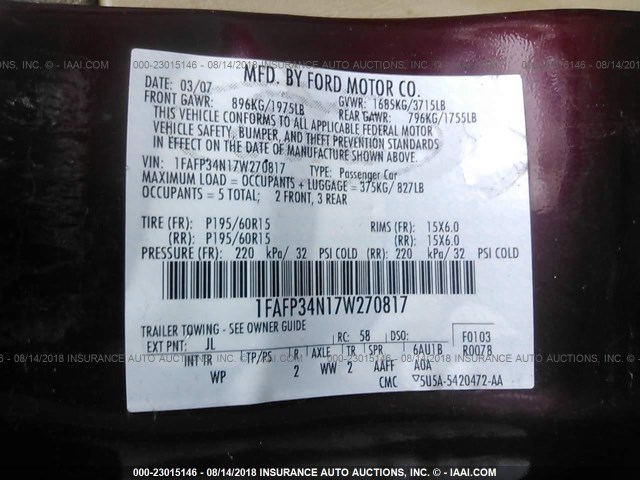 1FAFP34N17W270817 - 2007 FORD FOCUS ZX4/S/SE/SES MAROON photo 9