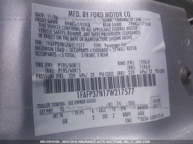 1FAFP37N17W217577 - 2007 FORD FOCUS ZX5/S/SE/SES SILVER photo 9