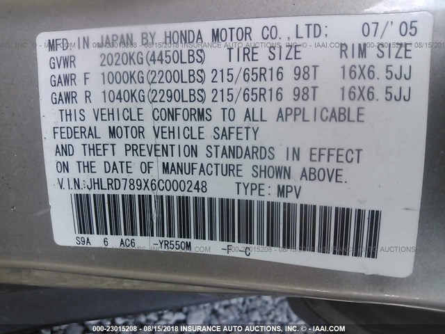 JHLRD789X6C000248 - 2006 HONDA CR-V SE/EX GOLD photo 9