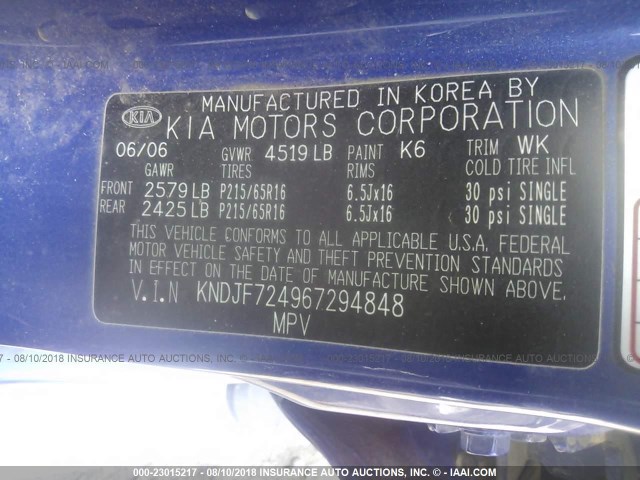 KNDJF724967294848 - 2006 KIA NEW SPORTAGE  BLUE photo 9