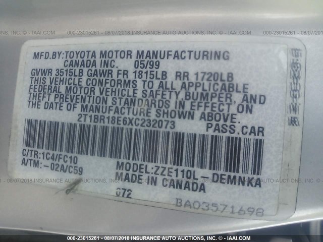 2T1BR18E6XC232073 - 1999 TOYOTA COROLLA VE/CE/LE 银色 照片 9