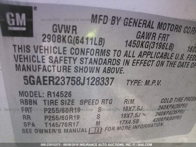 5GAER23758J128337 - 2008 BUICK ENCLAVE CXL Crème photo 9