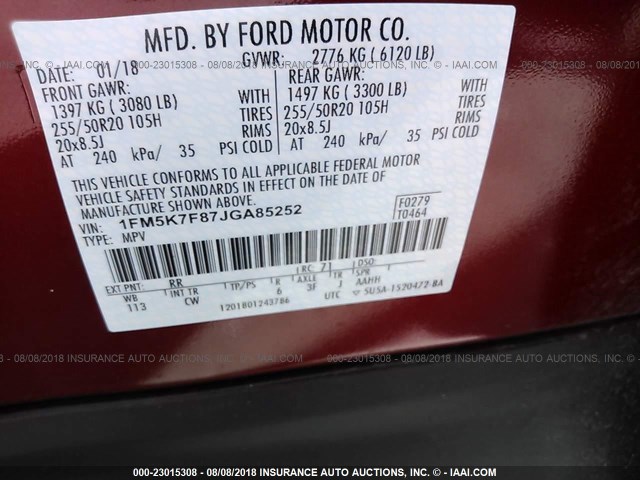 1FM5K7F87JGA85252 - 2018 FORD EXPLORER LIMITED Rot Foto 9