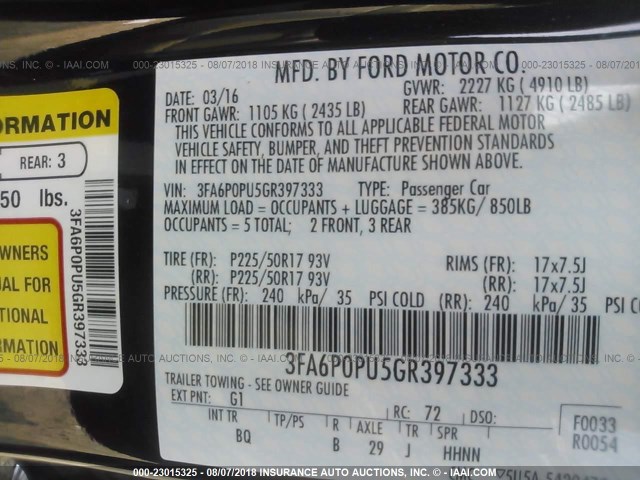 3FA6P0PU5GR397333 - 2016 FORD FUSION SE PHEV BLACK photo 9