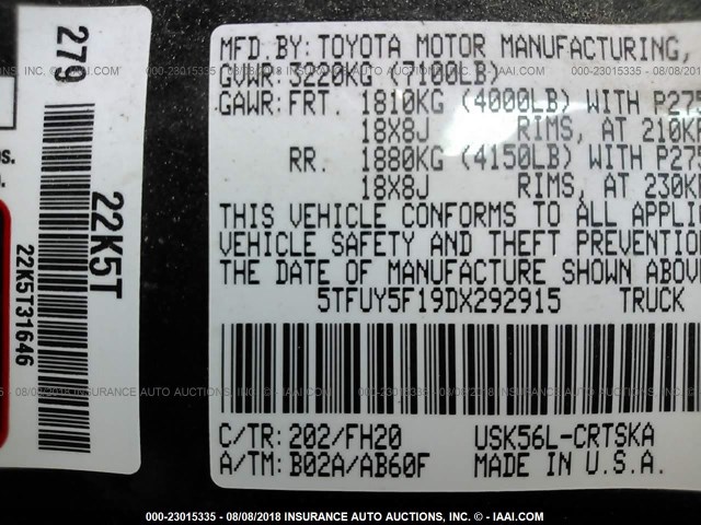 5TFUY5F19DX292915 - 2013 TOYOTA TUNDRA DOUBLE CAB SR5 BLACK photo 9