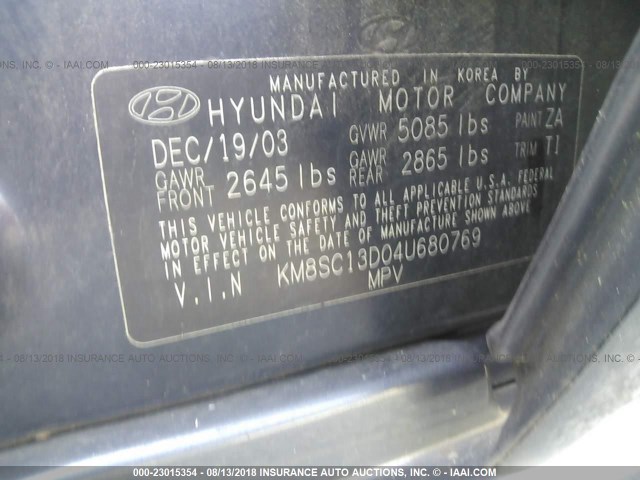 KM8SC13D04U680769 - 2004 HYUNDAI SANTA FE GLS/LX BLUE photo 9