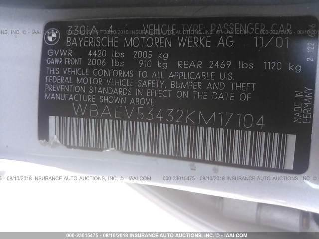 WBAEV53432KM17104 - 2002 BMW 330 I SILVER photo 9