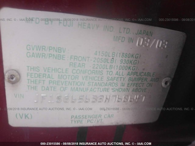 JF1SG65683H768647 - 2003 SUBARU FORESTER 2.5XS 红色 照片 9