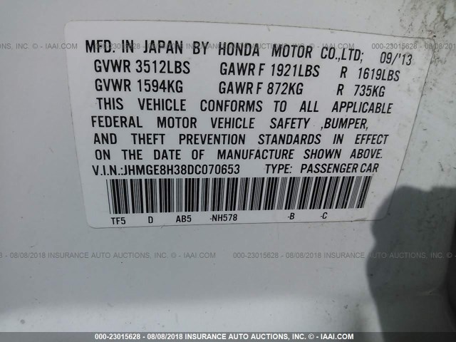 JHMGE8H38DC070653 - 2013 HONDA FIT Blanco foto 9