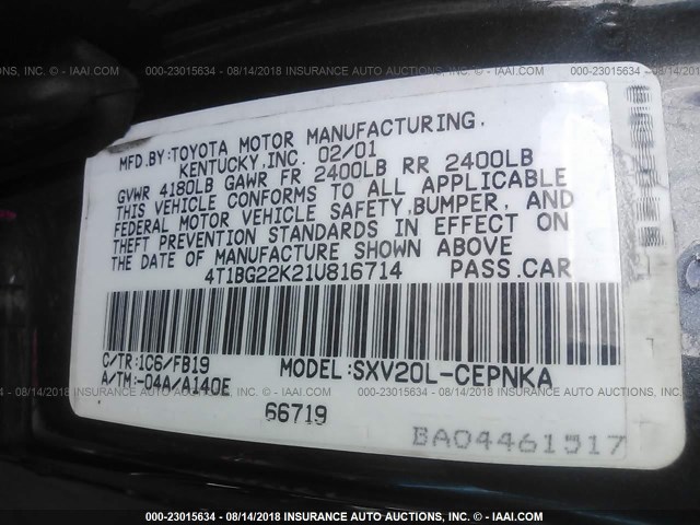 4T1BG22K21U816714 - 2001 TOYOTA CAMRY CE/LE/XLE 灰色 照片 9