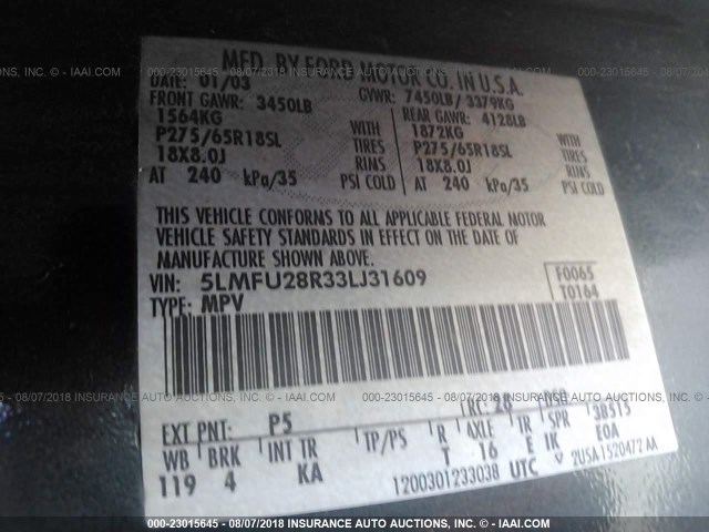 5LMFU28R33LJ31609 - 2003 LINCOLN NAVIGATOR 绿色 照片 9