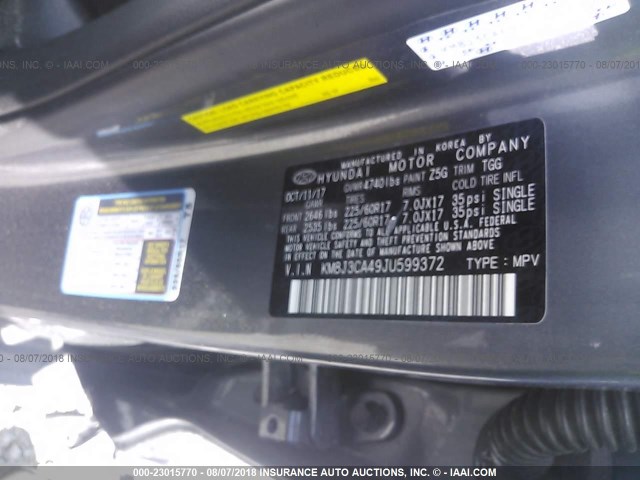 KM8J3CA49JU599372 - 2018 HYUNDAI TUCSON SEL/SEL PLUS GRAY photo 9