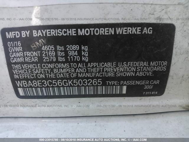 WBA8E3C56GK503265 - 2016 BMW 328 XI SULEV WHITE photo 9