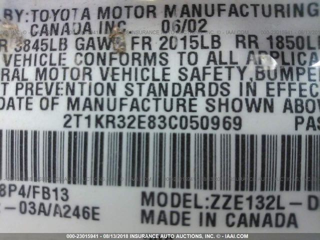 2T1KR32E83C050969 - 2003 TOYOTA COROLLA MATRIX XR BLUE photo 9