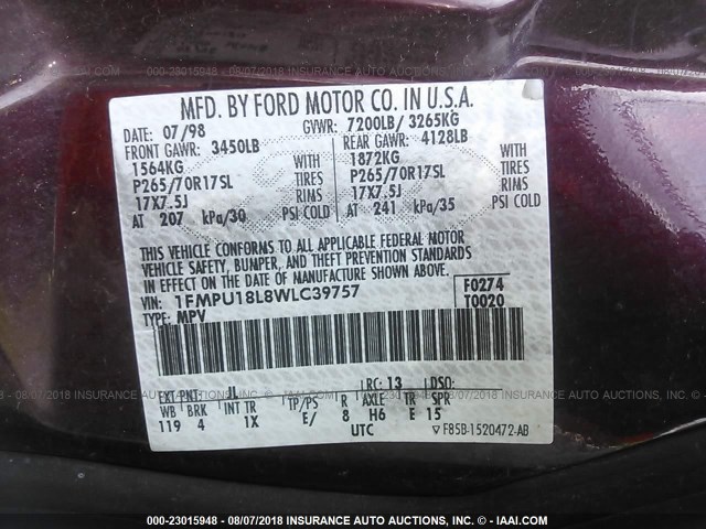 1FMPU18L8WLC39757 - 1998 FORD EXPEDITION MAROON photo 9