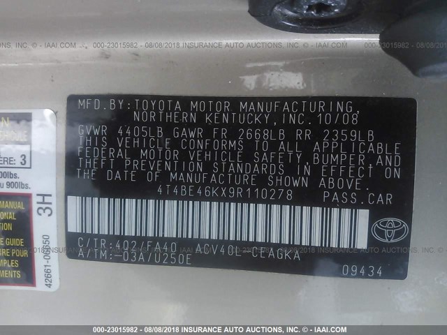 4T4BE46KX9R110278 - 2009 TOYOTA CAMRY SE/LE/XLE BEIGE photo 9