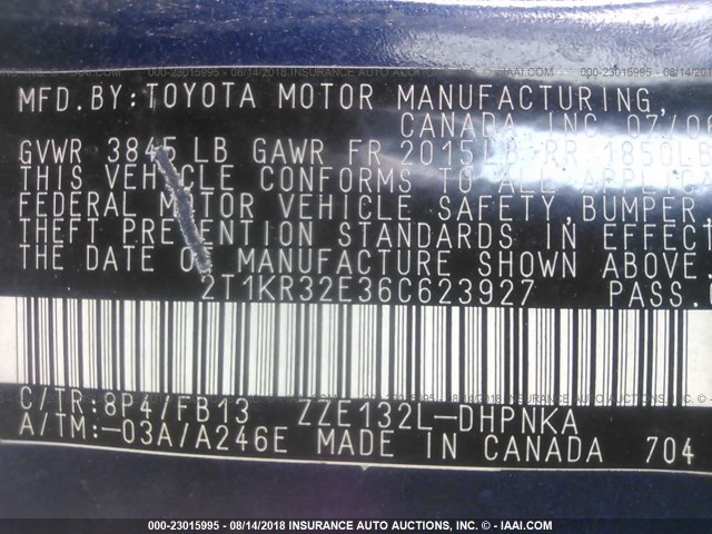 2T1KR32E36C623927 - 2006 TOYOTA COROLLA MATRIX XR BLUE photo 9