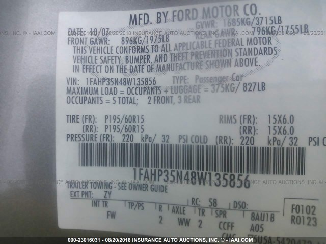 1FAHP35N48W135856 - 2008 FORD FOCUS SE/SEL/SES SILVER photo 9