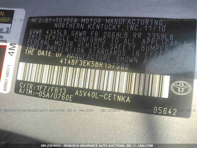 4T4BF3EK5BR157586 - 2011 TOYOTA CAMRY SE/LE/XLE ვერცხლისფერი ფოტო 9