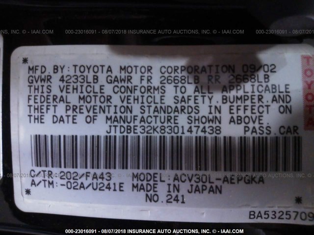 JTDBE32K830147438 - 2003 TOYOTA CAMRY LE/XLE BLACK photo 9