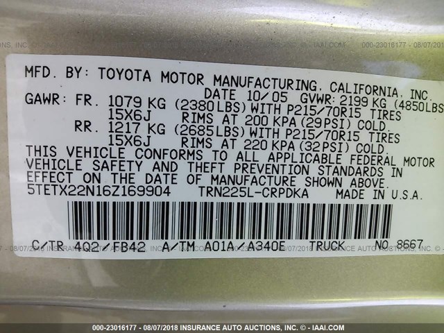 5TETX22N16Z169904 - 2006 TOYOTA TACOMA ACCESS CAB Алтын фото 9